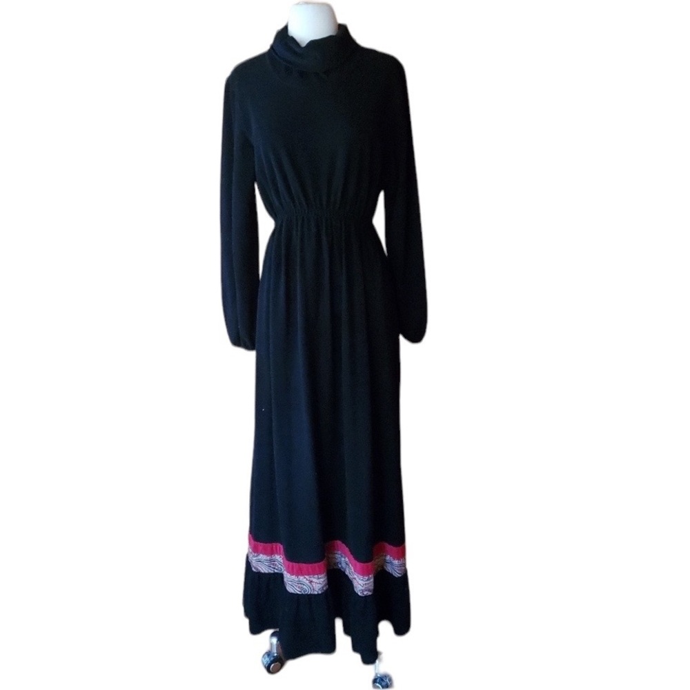 1970s ILGWU Black Velour‎ Maxi Dress